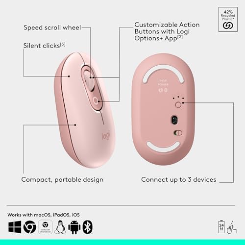 Logitech POP Wireless Mouse in Heartbreaker Rose – Customizable Emojis, Silent Click Technology, Precision Scrolling & Multi-Device Compatibility for Effortless Navigation and Personal Expression