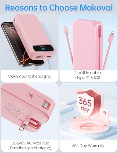 Ultra-Compact 12000 m Ah Power Bank with Built-in Charging Cables & AC Plug – 20 W PD Fast Charging for i Phone, Samsung, Android, USB-C Devices – Travel-Friendly External Battery Pack in Purple – Unmatched Portability and Efficiency for On-the-Go Charging Solutions