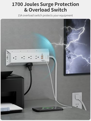 15 FT Surge Protector Power Strip with 12 AC Outlets & 4 USB Ports (2 USB-C) – Versatile Flat Plug Extension Cord for Home & Office, Wall Mountable Charging Station for Efficient Device Management and Enhanced Safety