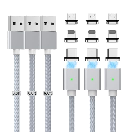 Revolutionize Your Charging Experience with the 3-in-1 Magnetic Charging Cable Set – Fast 3 A Power Delivery, Nylon Braided Durability, and LED Indicator (3 Pack: 3.3 ft, 6.6 ft, 6.6 ft) for USB-C and Micro-USB Devices – Versatile Connectivity and Effortless Use