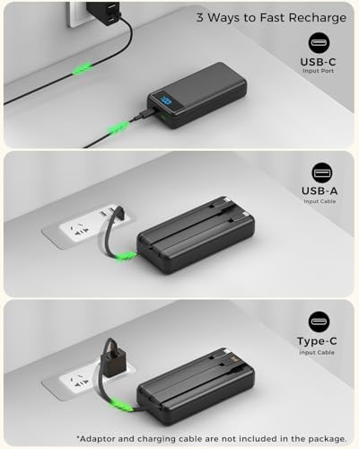 Ultra High Capacity 40,000 m Ah Portable Power Bank with Integrated Cables – 22.5 W PD Fast Charging Solution for i Phone 16/15/14/13, Samsung Galaxy S24/S23/S22/S21 & More – 5 Output Ports & 3 Input Options for Multi-Device Compatibility – Precision LED Display for Real-Time Power Monitoring – Lightweight & Compact Design Perfect for Outdoor Adventures, Travel, Camping, and More – Versatile Backup Battery for Smart Devices Including Tablets, Cameras, and More – Ultimate Charging Convenience Wherever You Go