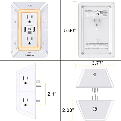 POWRUI 6-Outlet Surge Protector with 3 USB Ports (1 USB-C) and Integrated Night Light – Space-Efficient Power Strip for Home & Office – ETL Listed for Ultimate Safety and Fast Charging – Versatile 3-Sided Design with Adapter Spaced Outlets for Large Plugs – Streamline Your Charging Needs with Enhanced Compatibility and Reliability