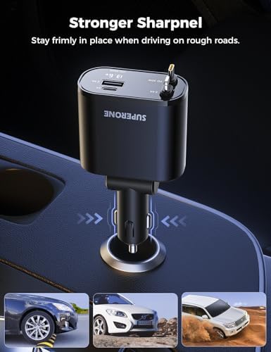 Introducing the SUPERONE 4-in-1 Retractable Fast Car Charger: Ultimate On-the-Go Charging Solution for i Phone, Galaxy & Pixel Devices – Featuring 2.6 ft Tangle-Free Cord, Enhanced USB C & Apple Compatibility, and Sleek Design for Effortless Portability. Experience lightning-fast charging to keep your devices powered during road trips or daily commutes, ensuring you’re always connected. This innovative retractable charger is engineered for maximum efficiency, accommodating a wide range of smartphones including i Phone 16, 15/15 Pro Max, 14, 13, 12, 11 and popular Galaxy and Pixel models. With its compact construction and high-quality materials, this charger not only enhances your charging experience but also withstands everyday wear and tear. Elevate your mobile charging with the SUPERONE car charger – where convenience meets cutting-edge technology for busy professionals and families on the move.