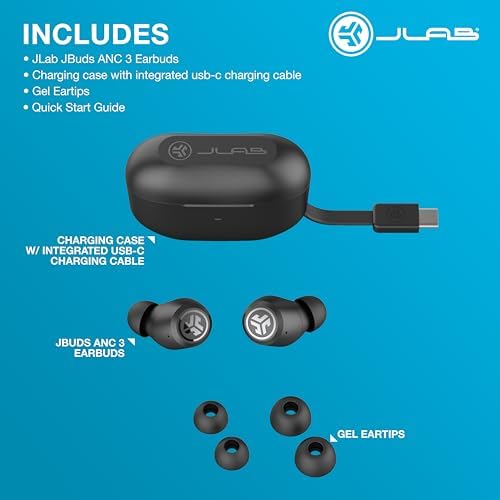 JLab JBuds ANC 3 True Wireless Earbuds – Ultimate 42-Hour Playtime with Smart Active Noise Canceling, Custom Sound Profiles via App, and Seamless Multipoint Connectivity for Effortless Device Switching and Enhanced Audio Performance