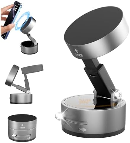 Vacuum Magnetic Phone Holder for Car – [ 360° Rotation & Foldable] Strong Suction Vacuum Magnetic Cell Phone Holder Stand, Height Adjustable Magnetic Phone Mount, For iPhone/All Phones (Any Surface) – Enhanced Compatibility and Speed