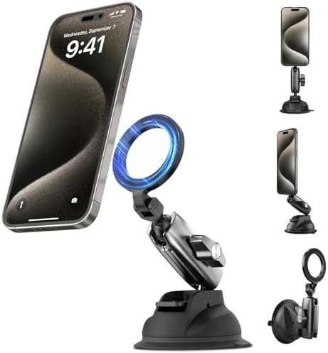 TELESIN Magnetic Aluminum Suction Cup Car Phone Holder – Ultimate 360° Adjustable Mount for i Phone & Android – Enhanced Stability for Video Recording & Navigation – Versatile Dashboard, Windshield & Vent Compatibility – Lightweight, Durable Design for Effortless Use