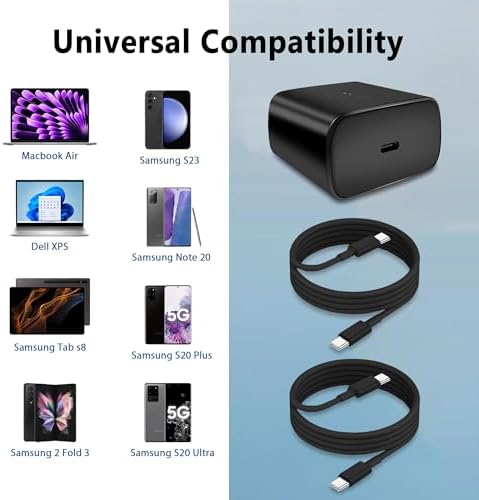 Dual Pack 45 W Samsung Super Fast USB-C Wall Charger – Optimal Charging Block for Galaxy S25 Series, S24, S23, S22, S21, S20, and Note 20 with 2 x 6 ft Cables – Unmatched Speed and Versatility for On-the-Go Power Needs