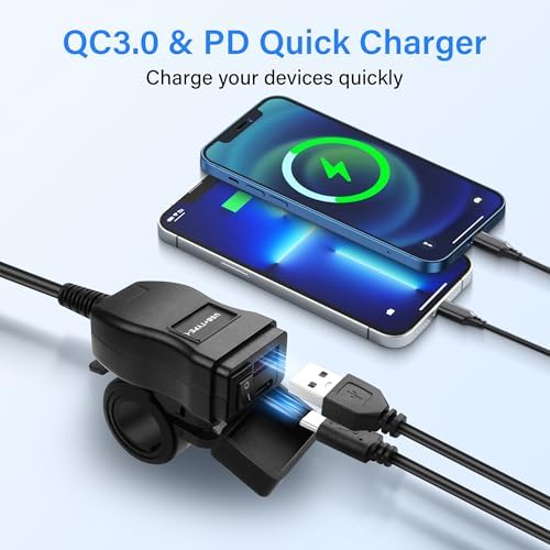 Power Up Your Ride with the PNGKNYOCN 30 W Motorcycle USB Charger – Waterproof Dual USB Type C & USB 3.0 Quick Charge Adapter for Phones, Tablets, GPS – 1.2 M Cable for Ultimate Flexibility and Enhanced Compatibility
