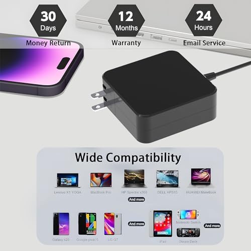 High-Power 65 W USB-C Laptop Charger – Universal AC Adapter for Asus, Dell, Lenovo, HP, Acer & More – Rapid Charging for Laptops, Tablets & Smartphones – Enhanced Compatibility with Multiple Devices – Optimal Performance & Durability