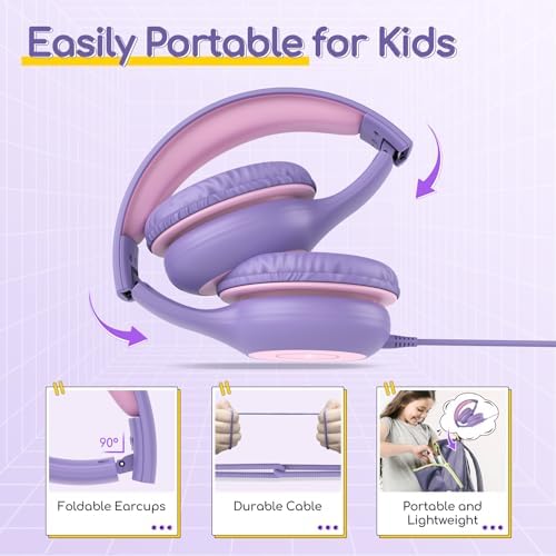 Kid-Friendly Foldable Wired Headphones with Microphone – Volume Limiting Safety (85/94 d B) for Hearing Protection, Share Port for Collaborative Audio, Ideal for Tablets, PCs, and School Use – Enhanced Type C Compatibility for Optimal Sound Quality and Comfort