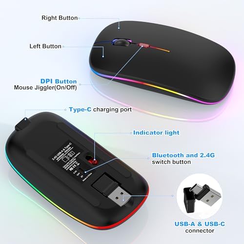 Sleek LED Bluetooth Wireless Mouse for Mac & PC – Rechargeable, RGB Light-Up Design with Dual Connectivity (BT5.2 + 2.4 G USB) – Slim, Portable Mouse with Jiggler Function for Work & Play – Enhanced Performance & Style in White