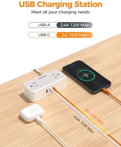 TESSAN 5 FT Flat Plug Extension Cord with 4 AC Outlets, 1 USB-C & 2 USB-A Ports – 900 Joules Surge Protector Power Strip for Home Office & Dorm Room – Maximize Charging Efficiency & Space Savings with Versatile Power Accessory