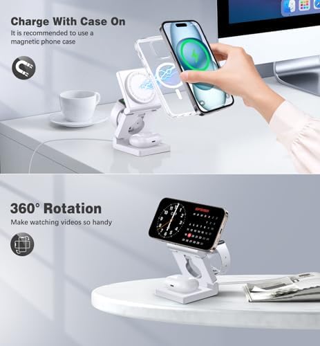 Ultimate 3 in 1 Wireless Charging Station for Apple Devices – Portable Foldable Magnetic Charger Dock with 18 W Fast Charging Pad for i Phone 16/15/14/13/12 Pro/Pro Max/Plus, Apple Watch & All Air Pods – Enhanced Compatibility and Travel-Ready Design