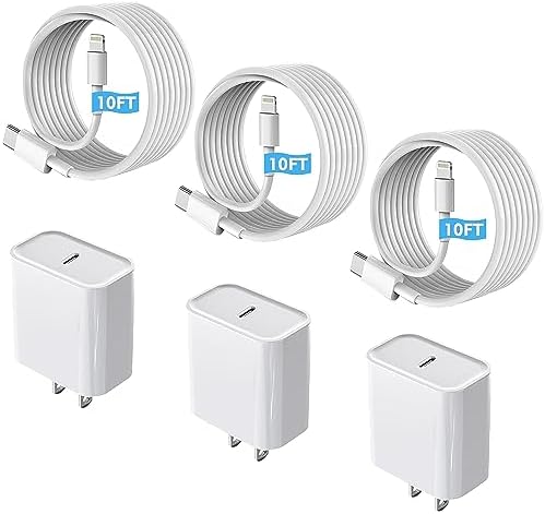 Enhanced Charging Trio: MFi Certified Fast Charger Pack for i Phone – 3 Quick Charging Blocks & 10 ft USB-C to Lightning Cable for Models 14, 13, 12, 11, X – Unmatched Speed and Versatility for Seamless Power Solutions