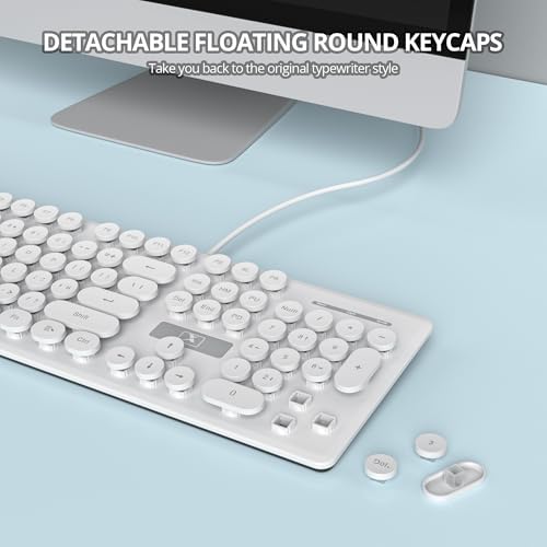 Elevate Your Workspace with the Fogruaden Retro Typewriter Keyboard – Stylish Full-Size USB Design, 104 Round Keys, and White LED Backlighting for Effortless Night Use, Ergonomic & Silent Membrane Keys Perfect for Windows PC and Laptops, Ideal for Writers and Gamers Seeking a Unique Vintage Touch