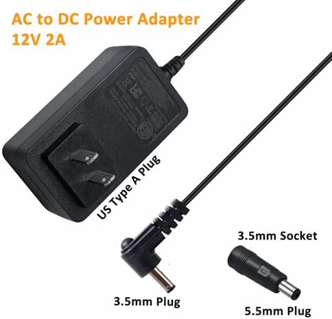 Universal 12 V 2 A AC Power Adapter with 5 ft Cord – High-Efficiency Charger for Diverse Electronic Devices – Dual Connector Compatibility (3.5 mm x 1.35 mm & 5.5 mm x 2.5 mm) – Global Input Voltage 100 V-240 V – Enhanced Safety Features for Optimal Device Performance – Ideal Power Supply Solution for Home and Office Use