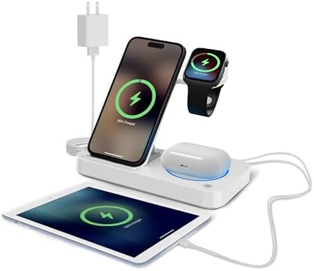 Ultimate 4-in-1 Wireless Charging Station for i Phone, Apple Watch, and Air Pods – Fast Qi-Certified Dock with Foldable Design, Extra USB Port, and Sleek Black Finish for Enhanced Device Organization and Efficiency