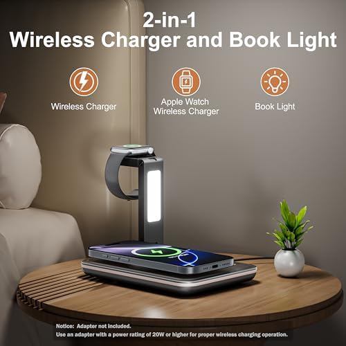 Dual-Device Magnetic Wireless Charging Station & Elegant Book Light for Apple i Phone 12-16 Series, Air Pods Pro, and Apple Watch – Innovative 2-in-1 Solution for Home, Office, and Travel with Enhanced Speed and Compatibility Embrace the future of charging with our innovative Dual-Device Magnetic Wireless Charging Station, designed for seamless compatibility with the latest Apple i Phone models 12 through 16, Air Pods Pro, and all Apple Watch versions. This sophisticated 2-in-1 charging hub not only powers your phone and smartwatch simultaneously at optimal speeds but also features an elegant integrated book light with customizable settings for perfect illumination. Engineered for modern lifestyles, its non-slip silicone base ensures stability while built-in magnets guarantee precise alignment for efficient charging. The ultra-lightweight and space-saving design adapts effortlessly to any environment, be it your bedside table, office desk, or travel bag. With safety features like temperature control and over-voltage protection, enjoy peace of mind while charging. This versatile device is an ideal gift for any occasion, ensuring your loved ones experience the perfect blend of functionality and style.