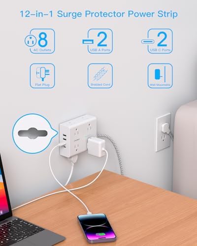 Versatile Surge Protector Power Strip with 8 AC Outlets & 4 USB Ports (2 USB-C), 6 Ft Flat Plug Extension Cord, 1080 Joules Safety Rating, Wall Mountable Charging Station for Home, Office, and Dorm – Streamlined Device Management & Fast Charging Enhanced