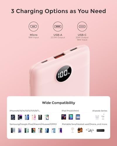 VEEKTOMX Compact 10000 m Ah Mini Power Bank – Ultra-Fast PD 22.5 W USB-C Charger for i Phone, Samsung, Google Pixel – Stylish Purple Travel Essential for On-the-Go Power and Versatile Device Compatibility