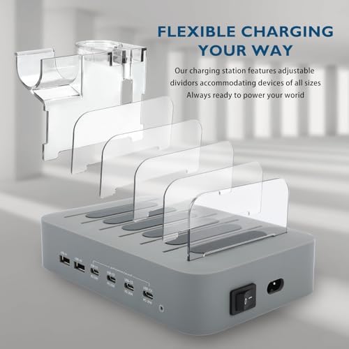 Ultimate 100 W USB C Multi-Device Charging Station: Fast Charge 4 PD & 2 USB Ports for Apple i Phone, i Pad, Android Phones & Tablets | Compact Desktop Organizer with Advanced Safety Features for Home & Office Use