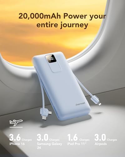 Charmast 20000 m Ah Fast Charging Power Bank with Integrated Cables & Wall Plug – 20 W USB-C Charger for i Phone 16/15/14, Samsung Galaxy, Google Pixel, and i Pad – Ultimate Portable Energy Source with Rugged Design and Rapid Recharge Capability