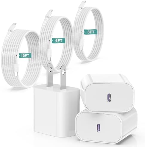20 W USB-C Fast Charging Wall Charger for i Phone 15/16 & i Pad – Includes 3 Versatile USB-C to C Cables (3 ft, 6 ft, 10 ft) – Ultimate Compatibility with i Phone 15 Pro Max, i Pad Pro, and Samsung Devices – Compact Travel-Friendly Design with Enhanced Safety Features Against Overheating & Overcharging