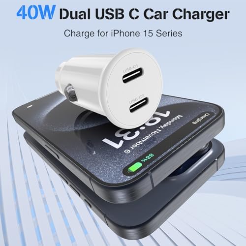 High-Power USB C Car Charger for i Phone 16 & 15 Series – 40 W Dual Port Fast Charging Adapter with 3 FT USB-C to C & A to C Cables – Versatile Compatibility for i Pad, Samsung, and More – Compact Design for On-the-Go Convenience and Enhanced Safety Features