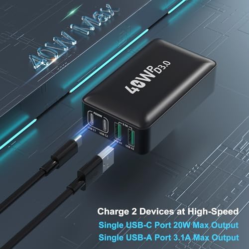 OKRAY 40 W Ultra-Slim 4-Port USB-C Wall Charger – Fast Charging Adapter with QC3.0 & PD3.0 for i Phone, Galaxy, and Pixel Devices – Foldable Plug for Effortless Travel & Home Use – Power Multiple Devices Simultaneously with Compact Efficiency