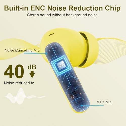 Btootos Ultra-Durable Bluetooth 5.4 Wireless Earbuds – Immersive Bass Sound with Noise-Cancelling Mic, IP7 Waterproof Design for Active Lifestyles, 36-Hour Playtime with LED Battery Display, Bold Yellow for a Striking Audio Experience