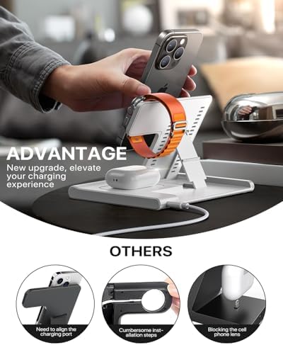 EXW 2024 Premium 3-in-1 Charging Station for Apple: Fast Wireless Charger for i Phone 16, 15, 14, 13, 12, 11 Pro Max, XR, XS & Air Pods with Apple Watch Dock – Streamline Your Charging Experience & Optimize Space with Enhanced Compatibility (Adapter Not Included)