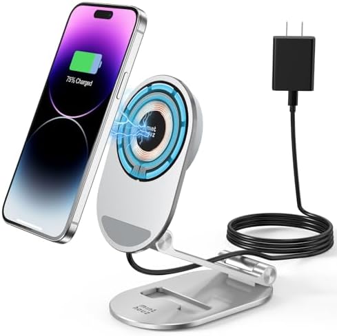Minthouz Foldable Mag Safe Wireless Charging Stand – Adjustable 20 W Magnetic Charger for i Phone 16/15/14/13/12 Pro/Max/Plus & Air Pods 3/Pro 2 – Rapid Charging, Enhanced Compatibility, Travel-Friendly Design – Elevate Your Tech Experience