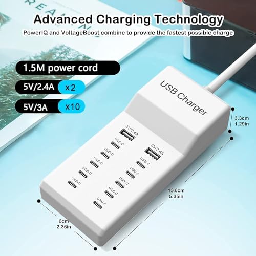 Ultimate 12-Port USB C Charging Station – 60 W Multi-Device Power Hub with 10 USB-C and 2 USB-A Ports for Fast Charging of i Phone, i Pad, Samsung, Google Pixel, Smartwatches, and Headphones – Compact Design for Home, Office, or Travel – Smart Technology for Optimal Power Delivery and Enhanced Compatibility
