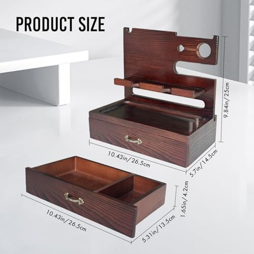 Premium Wooden Docking Station for Men – Multifunctional Desk Organizer with Storage Drawer, Dual Phone Stand & Integrated Watch Charger – Perfect Gift for Husband, Dad, or Boyfriend – Elevate Your Workspace with Style and Efficiency