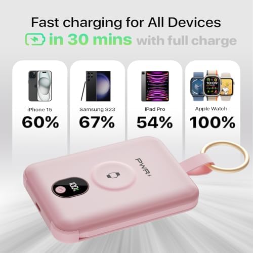 Versatile PWR Versa 4 in 1 Portable Charger for Apple Watch – 5000 m Ah Wireless Power Bank with Built-in Cables and Travel Keychain – Fast Charging, Enhanced Device Compatibility, and Durable Design for On-the-Go Power Solutions