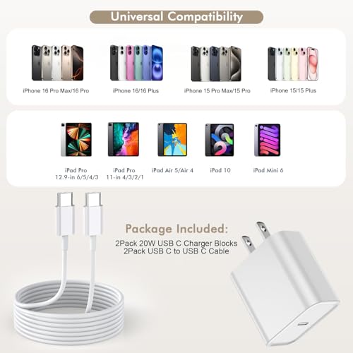 Ultra-Fast 20 W i Phone 16/15 Charger Bundle – 2-Pack 10 FT Extra Long USB-C Cables & Compact Wall Adapter for Enhanced Charging Convenience with i Pad Compatibility – Durable, High-Performance Charging Solution for Home & Office Use