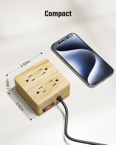 SUPERDANNY Portable USB Power Strip Surge Protector – Premium Desktop Extension Cord with 4 Spacious Outlets & 4 Advanced Smart USB Charging Ports for Home, Office, Hotel, Dorm, and RV Use – Elegant Faux Walnut Finish for Enhanced Aesthetics and Device Safety