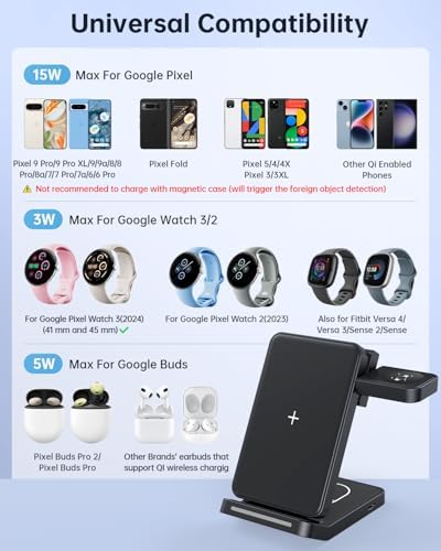 Revolutionary 3-in-1 Foldable Wireless Charger for Google Pixel Devices – Fast Charging Stand for Pixel Watch 3/2, Pixel 9 Pro/XL/9 a/8 Pro/8 a/7 Pro/7 a/6 Pro & Pixel Buds Pro 2 – Compact, Portable Design with Adapter Included – Sleek White Finish for Home or Travel – Ultimate Solution for Efficient Multi-Device Charging