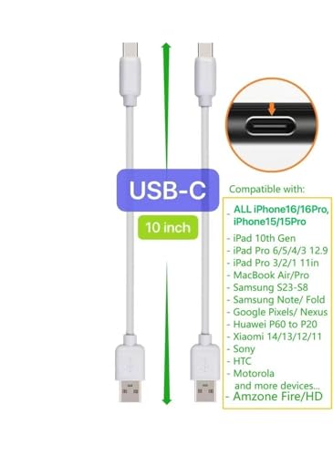 10-Pack Short USB Cables & Type C-C for Fast Charging – Optimized for i Phone 16/15, i Pads, Samsung Devices, and More – Premium Black Design for Efficient Clutter-Free Power Solutions