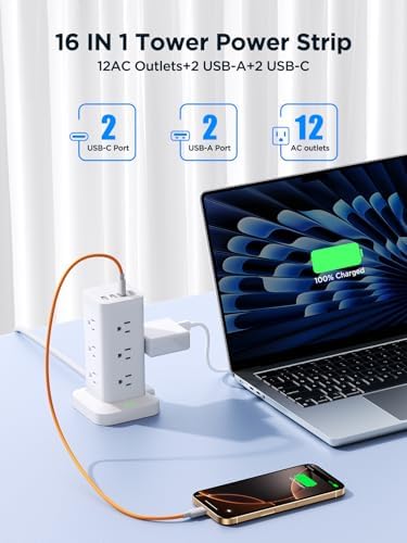 Ultimate Surge Protector Power Strip with 12 AC Outlets and 4 USB Ports, Featuring 6 FT Flat Plug Extension Cord for Maximum Flexibility – 1200 Joules Overload Protection for Home Office and Dorm Room Use – Enhance Device Safety and Charging Speed