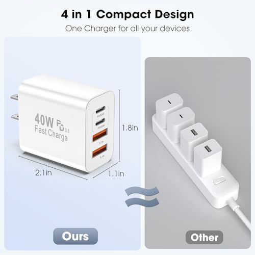 40 W USB C Charger Block – 2 Pack 4-Port Fast Charging Adapter for i Phone & Samsung Devices – PD 3.0 & QC 4.0 Dual Quick Charge Technology – Multi-Device Compatibility in Sleek Black Design – Safe, Efficient Charging Solution for Home & Travel