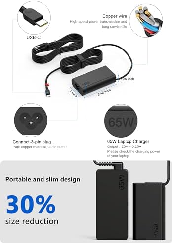 Ultra-Slim 65 W USB-C AC Adapter for Lenovo Think Pad and Yoga Series – Compact Power Solution with Smart Voltage PD3.0 Technology for Enhanced Charging Speed – Perfect Replacement for Your Laptop Charger – Ideal for Home and Office Use – Includes Power Cable and Cable Management Features – Compatible with Multiple Lenovo Models