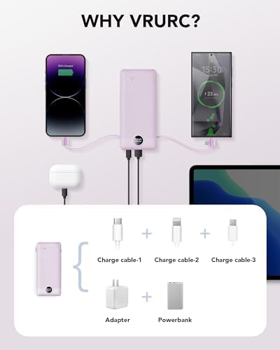 VRURC 10,000 m Ah USB C Power Bank with Built-in Cables & AC Wall Plug – Compact Lightweight Travel Charger for Smartphones & Tablets – Ultimate Convenience & Enhanced Charging Speed