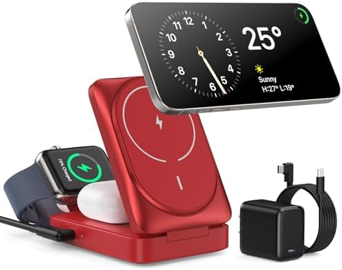 Revolutionary 3-in-1 Wireless Charging Station for Apple Devices – 15 W Fast Mag Safe Charger with Foldable Magnetic Stand, 30 W USB-C Adapter Included, Compatible with i Phone 16/15/14/13/12, Apple Watch, and Air Pods – Enhanced Cooling Technology & Safety Features for Optimal Performance and Convenience