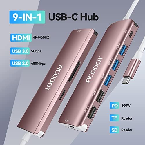 Acodot 9-in-1 USB C Hub: Ultimate 4 K HDMI Adapter with 3 USB 3.0 Ports, SD/TF Reader & 100 W Power Delivery – Stylish Purple Multiport Hub for Mac Book, HP, XPS & More – Boost Your Productivity with Seamless Connectivity and Fast Charging