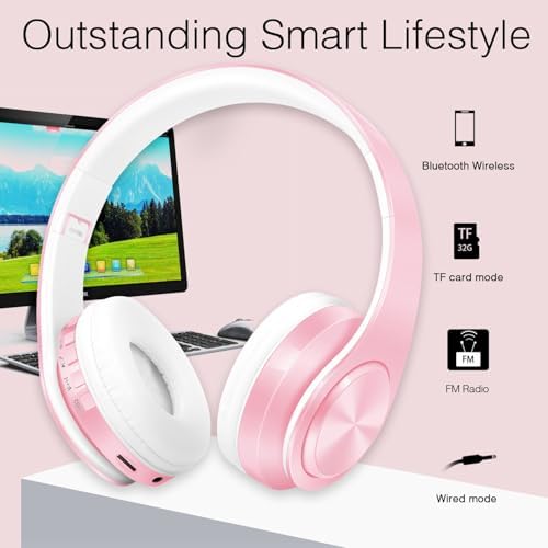 Lightweight Pink RAT TAIL V5.0 Bluetooth Over-Ear Headphones – Foldable Design with Micro SD/TF Card & FM Radio for Ultimate Audio Experience – Perfect Wireless & Wired Headset for Music Lovers on the Move
