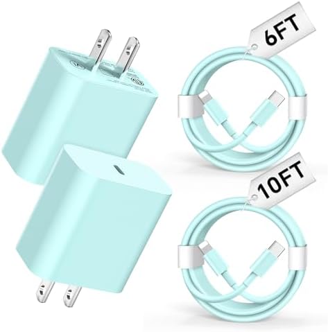 High-Speed Dual 20 W MFi Certified USB-C Wall Charger Set with 6 FT & 10 FT Type-C to Lightning Cable – Fast Charging Solution for i Phone 14/13/12/11 & i Pad in Stylish Green – Ultimate Compatibility & Safety Features for On-the-Go Power