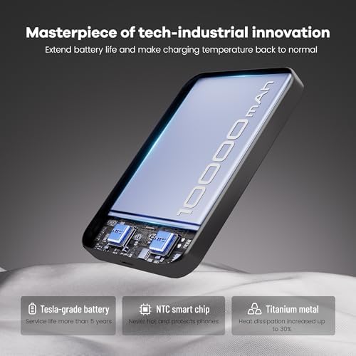 Titanium Ultra-Slim 10000 m Ah Power Bank – Magnetic Fast Charging for i Phone 12-16, Stylishly Durable USB-C & Mag Safe Compatible Charger, Effortless Portability with 20 W PD Power Delivery
