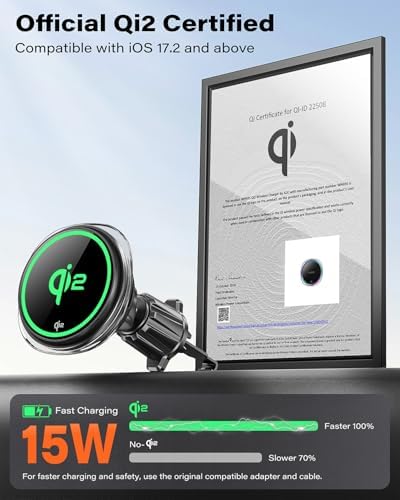 A2C Qi2 15W Wireless Car Charger CD Mount for MagSafe, Magnetic Wireless Charger for Car Air Vent | CD Slot with Semiconductor Cooling Chip, Fast Charging for iPhone 16 15 14 13 12, LED Indicator – Enhanced Compatibility and Speed