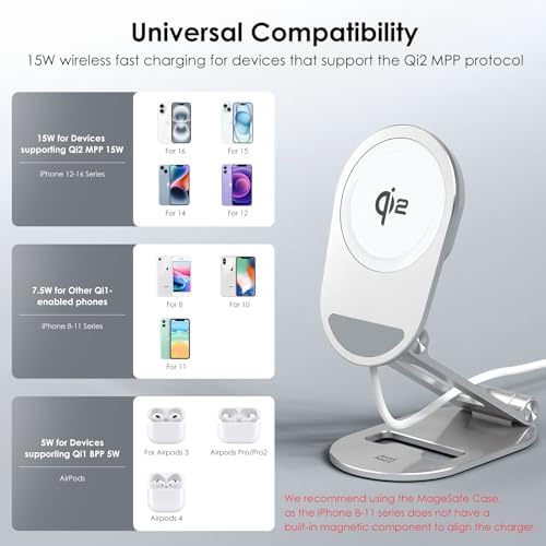 Revolutionary Qi2 Wireless Magnetic Charging Stand – Minthouz 15 W Fast Charger for i Phone 12-16 Series & Qi-Compatible Devices – Compact, Foldable Design with Enhanced Safety Features and Ergonomic Viewing Angle for Effortless Charging at Home or On-the-Go